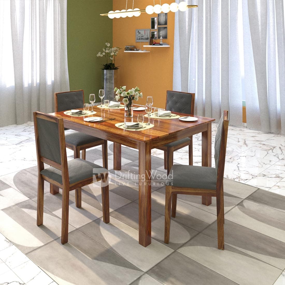 DRIFTINGWOOD Izabel Dining Table 4 Seater | Four Seater Dinning Table with 4 Chairs for Home | Rosewood, Honey Finish, Self Assembly(DIY)