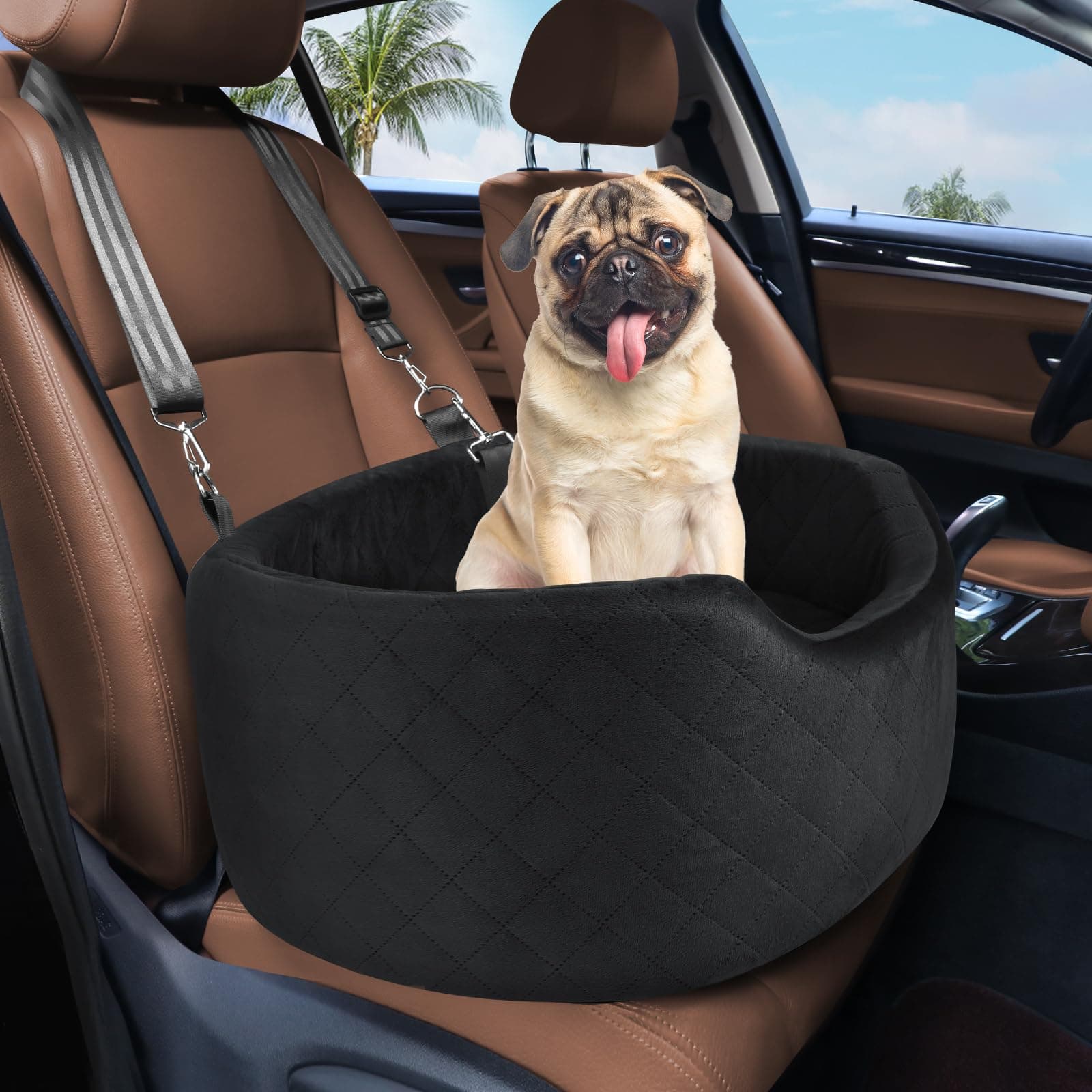 Feporen Dog Car Seat for Small & Medium Dogs, Elevated Booster Seat, Detachable and Washable Pet Dogs Up to 35lbs, Travel Bed with Thick Memory Foam Front Back Seats - Black