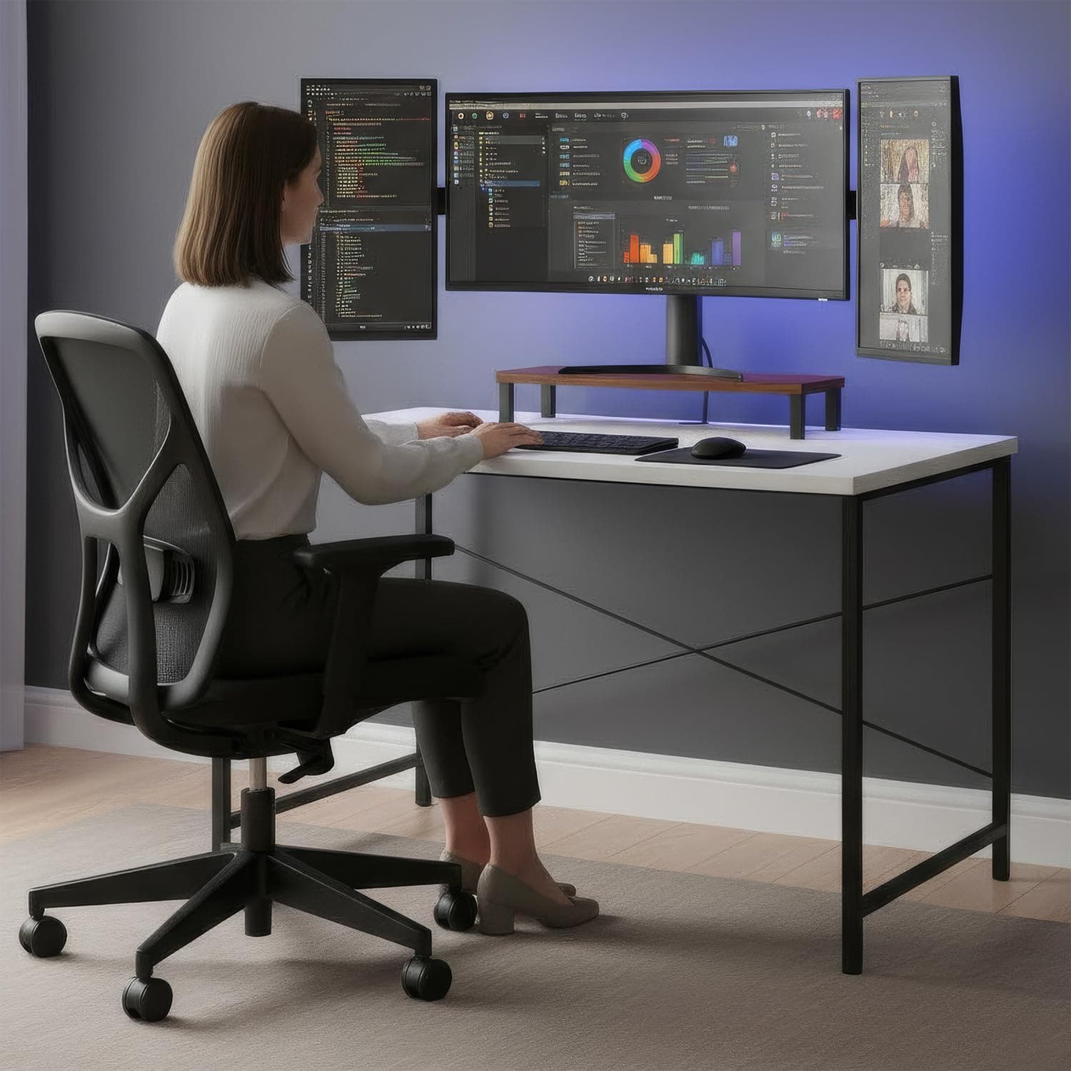 FURLAY Home Office Computer Desk with Monitor Shelf, Modern Writing Desk with Wood Top & Metal Frame, Small Study Table Workstation for Laptop, Gaming & Bedroom - (100 x 60 cm, Vertex - White)