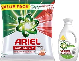 Ariel Complete + Detergent Washing Powder- 4Kg Value Pack & Ariel Matic Liquid Detergent Front Load 2 Ltr + 500ml Free