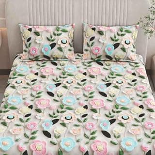 7D Bedsheet for Double King Size Bed with 2 Pillow Covers | Digital Printed Flowers & Fitted Elastic | 260 TC | Fade Resistant & Wrinkle Free | Fits Upto 72 X 78 X 7 Inch Mattress (Cream)