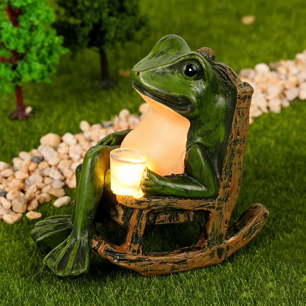HASTHIP® Solar Frog Rocking Chair Statue Light, Funny Garden Resin Frog Night Light Planter Decor Mood Light, Decorative Lamp for Patio Porch Yard Home Decor Home Gift, 10x10x6cm