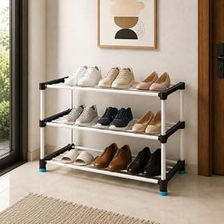 Plexus Hub Shoe Rack for Home, Space Saving 3 Layer Shoe Stand Organizer, Durable Non-Woven Fabric & Metal Frame, Portable Footwear Storage Shelf for Bedroom Entryway