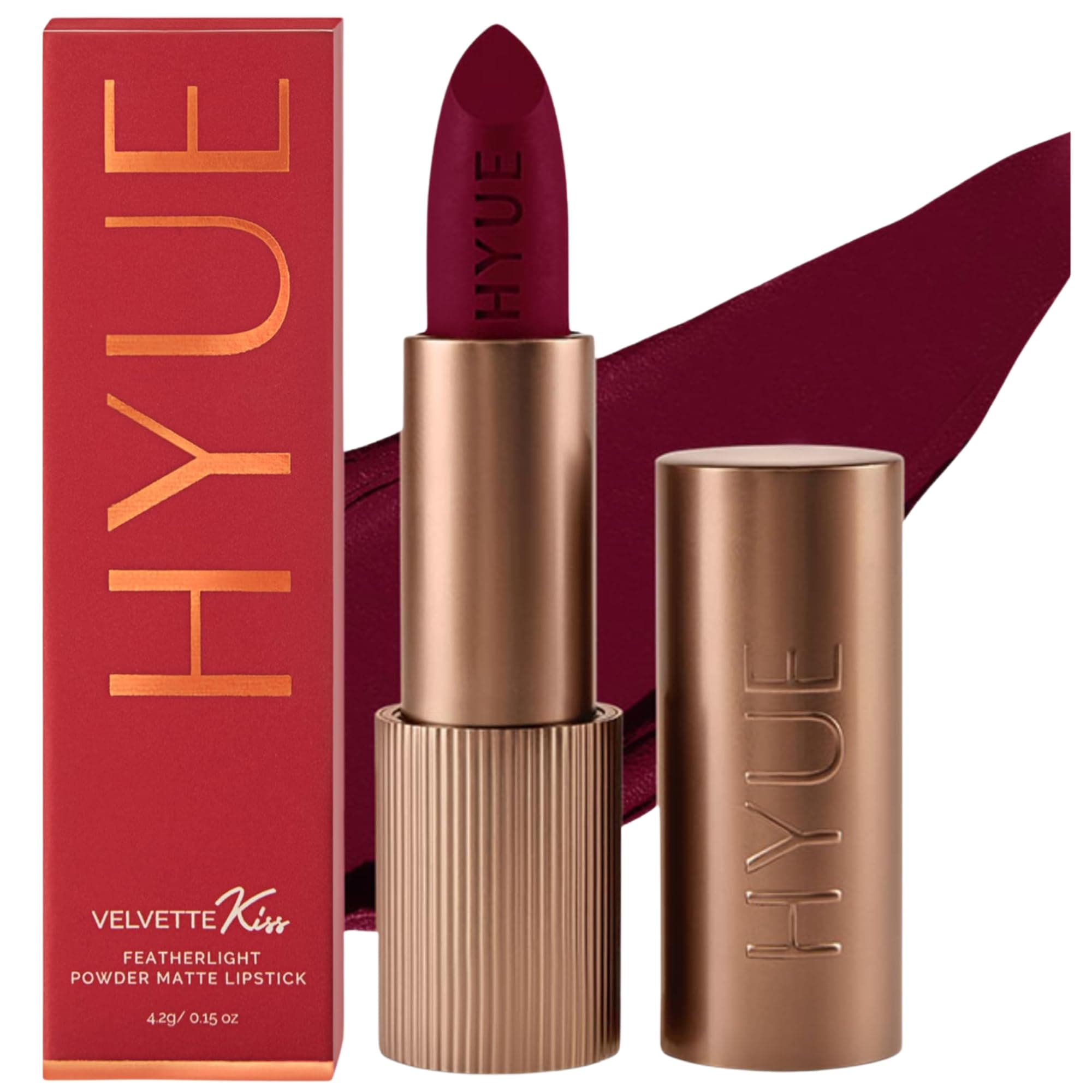 HYUE Velvette Kiss Matte Bullet Lipstick | Cherry - Licious | Feather Light & Powder Finish | Long-Wear Intense Color | with Jojoba, Almond & Gooseberry | Smudge-Proof, Travel-Friendly, Precision Tip