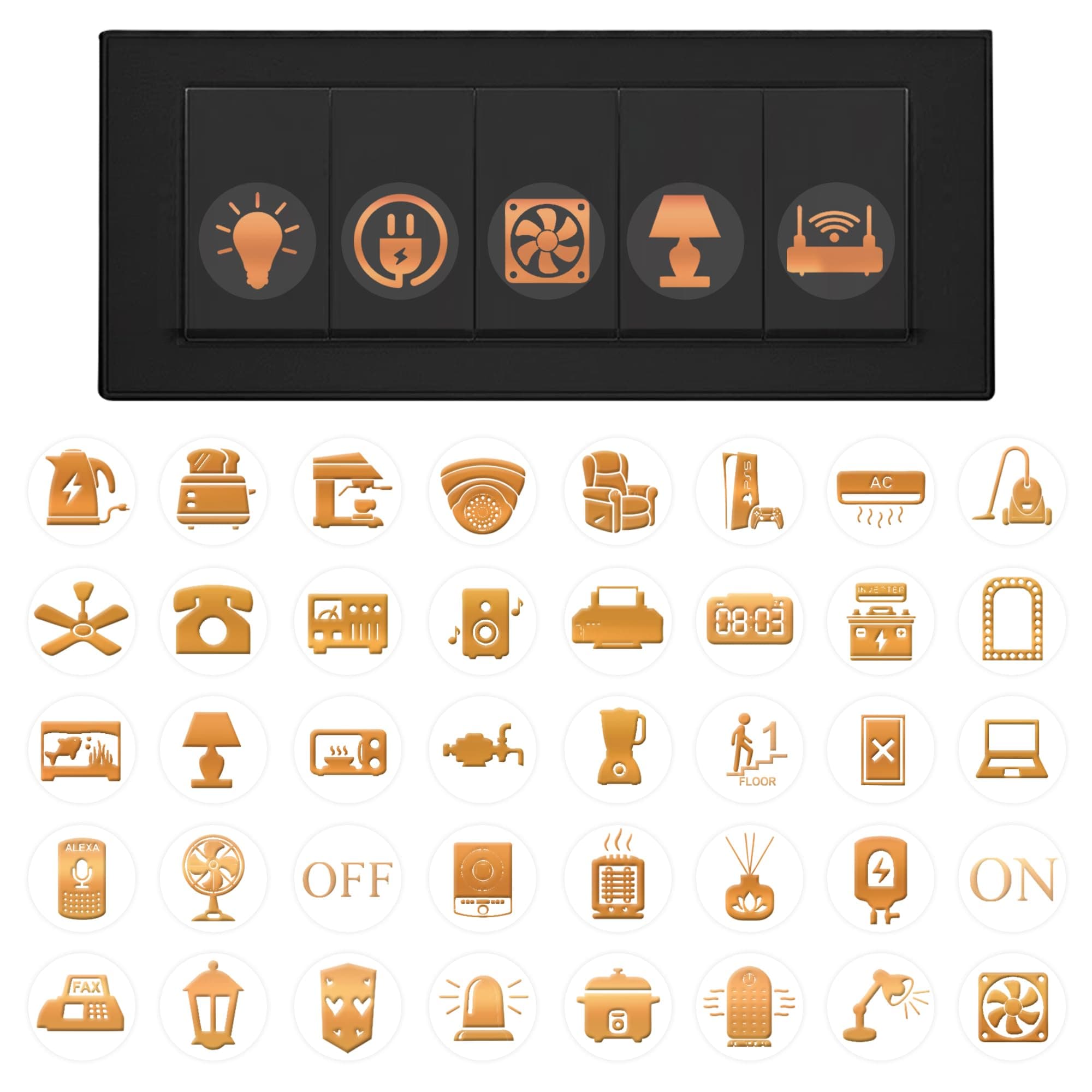 GLUN® Electric Board Switch Stickers, All Types 60+ Appliances Icons 600 Stickers Set, Premium Rose Gold Colours for Switch Stickers, Non-Faded Clear Visible Icons