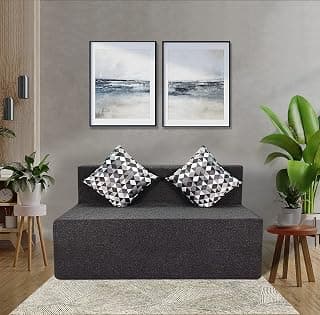 Seventh Heaven 4 * 6 Jute Fabric Washable Cover with 2 Cushions 2 Seater Double Foam Fold Out Sofa Cum Bed (Finish Color - Grey Delivery Condition - Pre-Assembled)