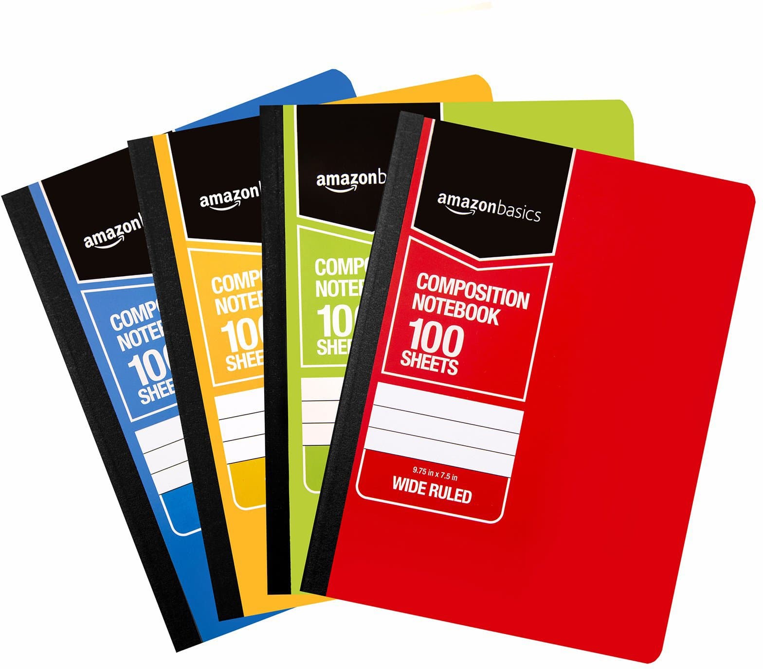 amazon basics Wide Ruled Composition Notebook, 100-Sheet, Assorted Solid Colors, 4-Pack