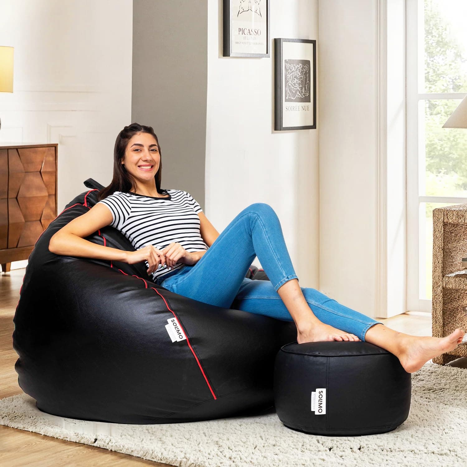 Amazon Brand - Solimo 6XL Faux Leather Bean Bag with Footstool & Cushion Combo for Living Room | Bean Bag Filled with Beans | Capacity Up to 6'9" Height & 135 Kg Weight | (Black with Pink Piping)