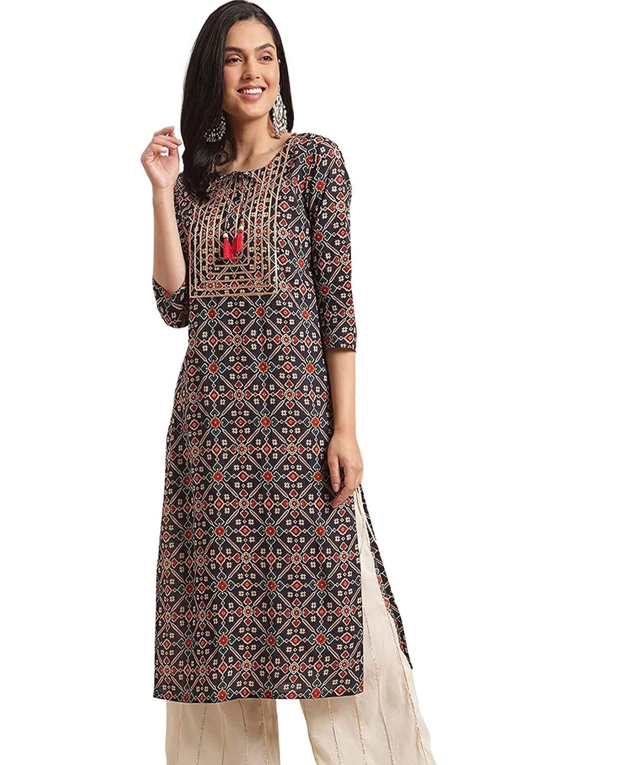 LookMark Women's Cotton Straight Fit Straight Floral Regular Printed Kurta (K1097-S)