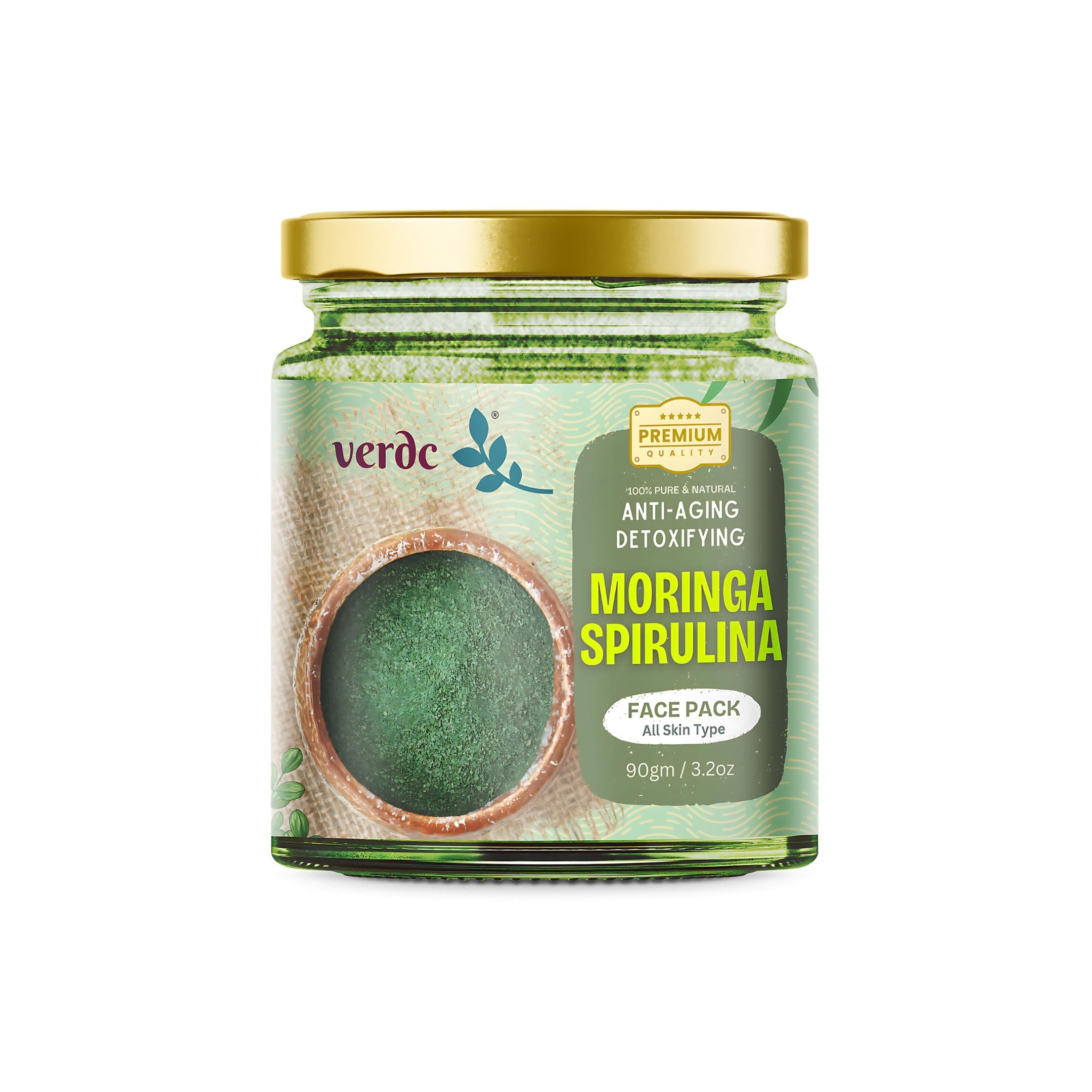 verdc - Moringa Spirulina Face Pack Powder | For Anti-aging & Detoxifying, Hydrating & Deep Cleansing, Skin Brightening, Boosts Collagen | For Men & Women | All Skin Types - 90 gm