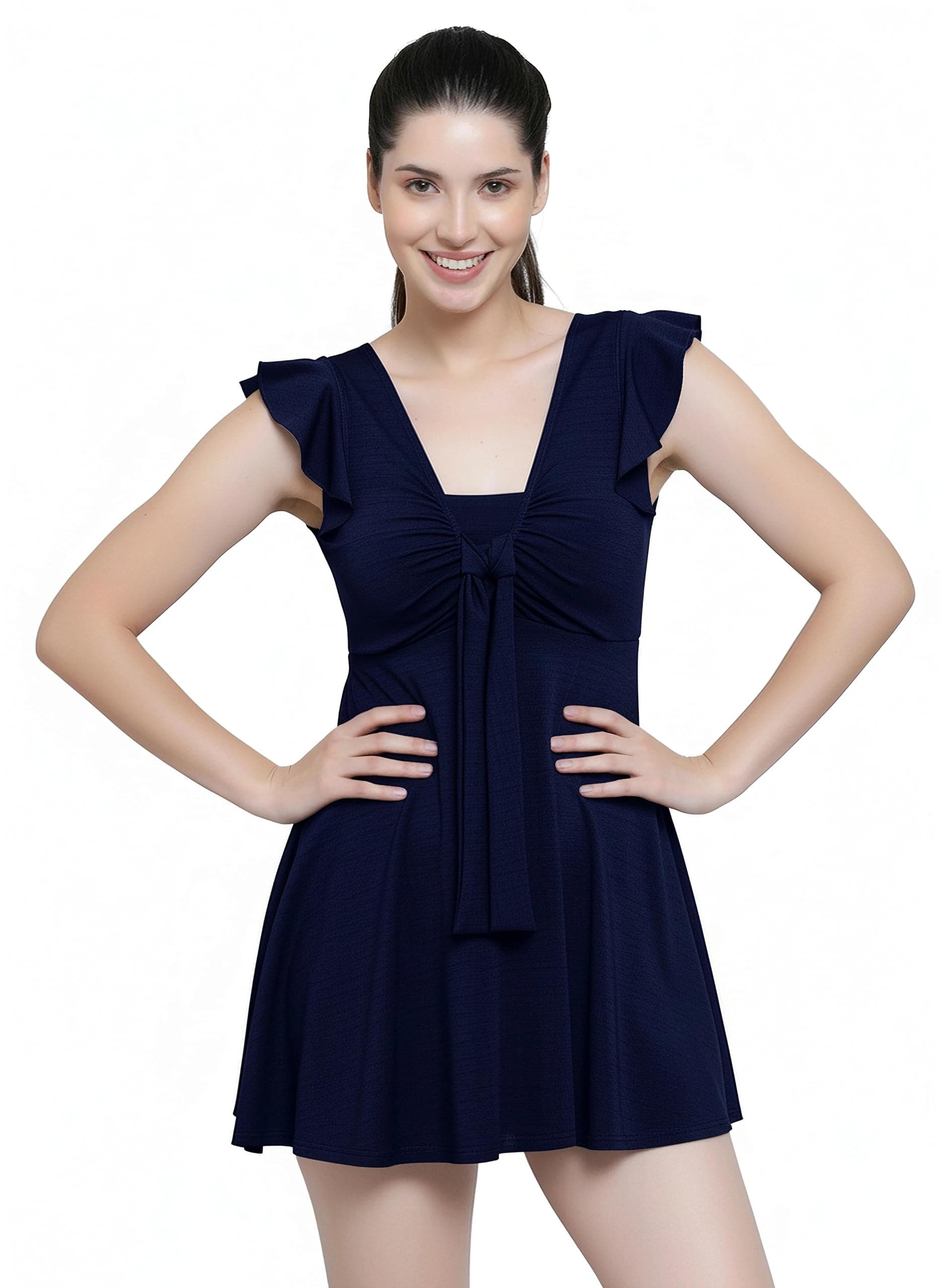 MEGASKA Women Front Tie Knot Ruched Frock Style Padded One Piece Swimming Costume