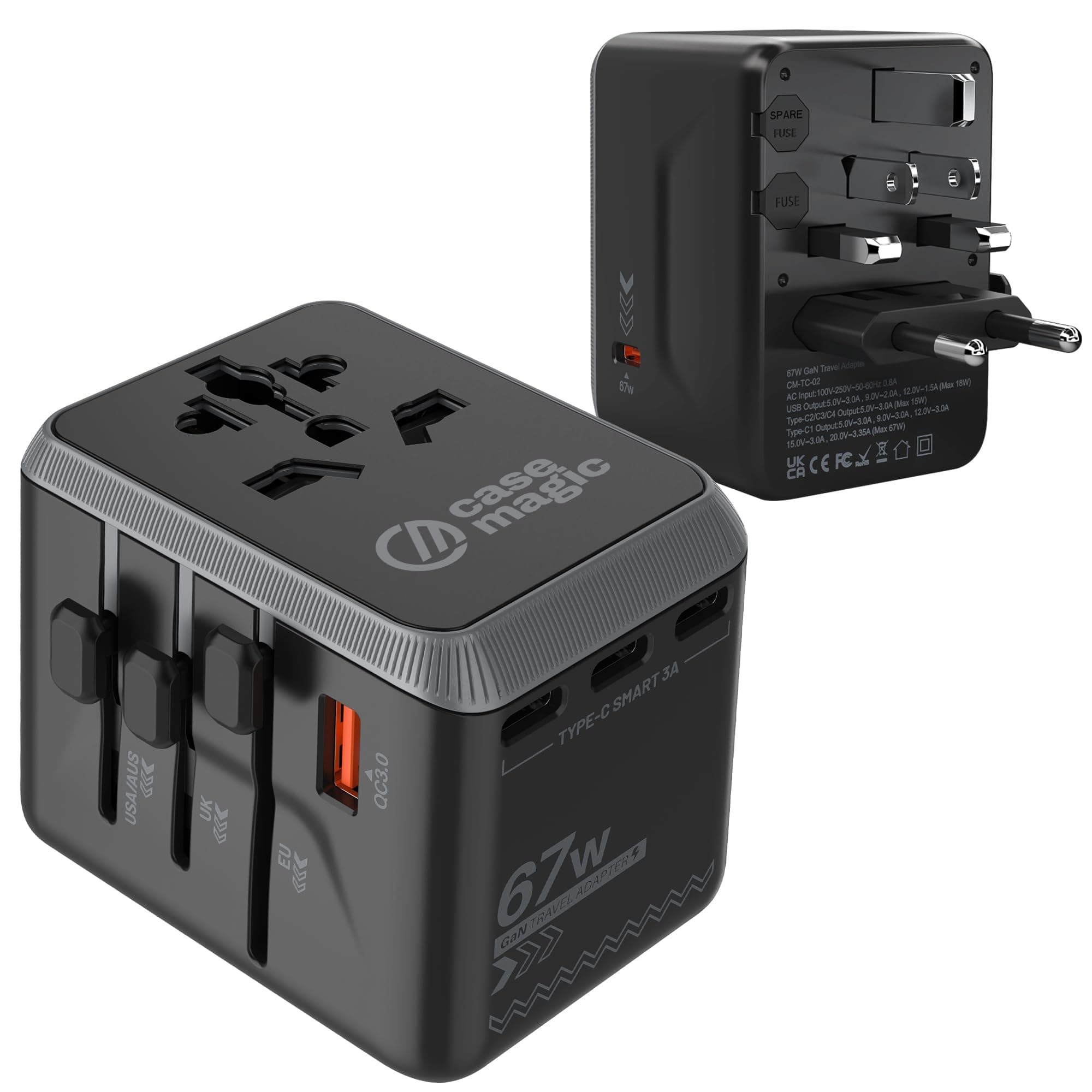 Case-Magic Universal Travel Adapter (67W GaN) All-in-One International Power Adapter with USB-C & QC3.0, USB-A, Fast Charger for MacBook, Laptop, iPhone, Android, for 200+ Countries (USA/AUS/UK/EU)