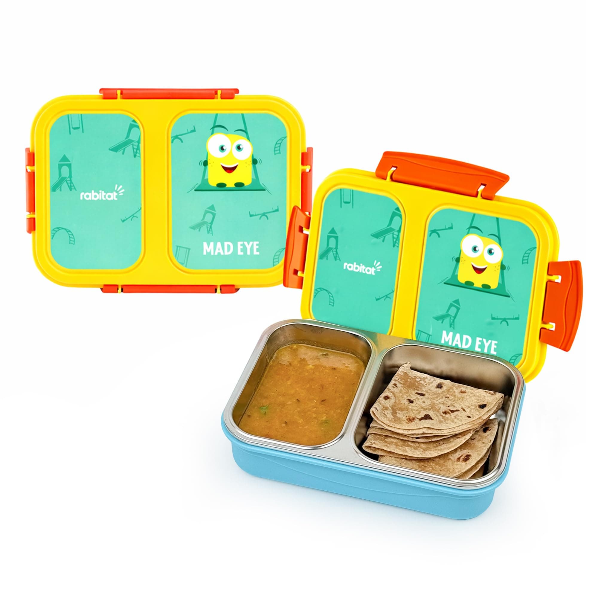 rabitat Yumzee Kids Lunch Box – Leakproof Stainless Steel Bento Tiffin for School, Boys & Girls | BPA-Free, Food-Grade Steel, Easy-Open Lock | 2-Year Brand Warranty | Mad Eye, 360gm