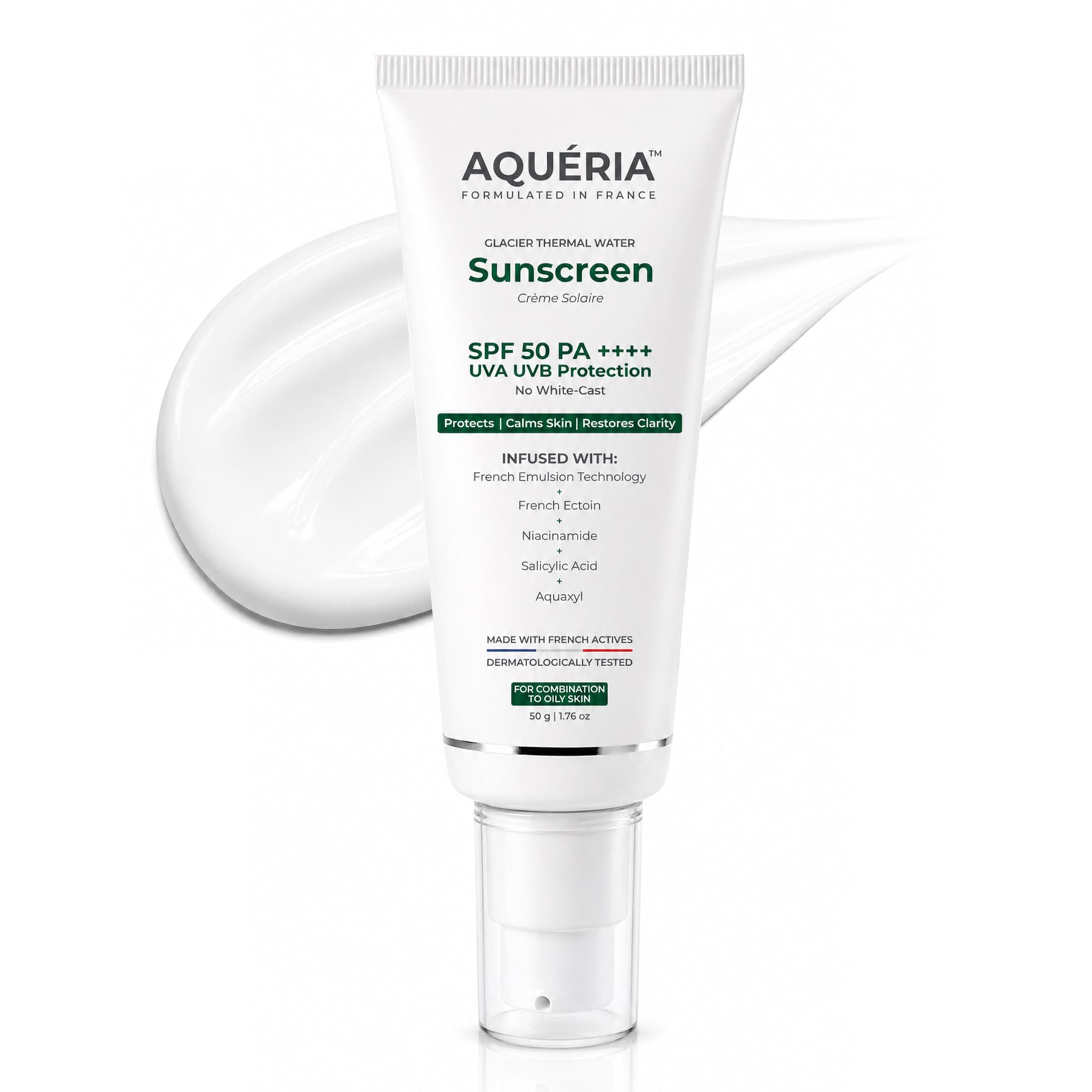 Aqueria Oil Control Brightening Gel Multi-Active French Sunscreen SPF 50 PA++++ | In-Vivo/In-Vitro Tested | 2% Niacinamide, BHA & Hyaluronic Acid | Modern UV Filters | Broad Spectrum UVA/UVB & Blue Light Protection | Lightweight, Non-Greasy, No White Cast | Suitable for Daily Use | For Oily, Acne-Prone & Combination Skin | 50g