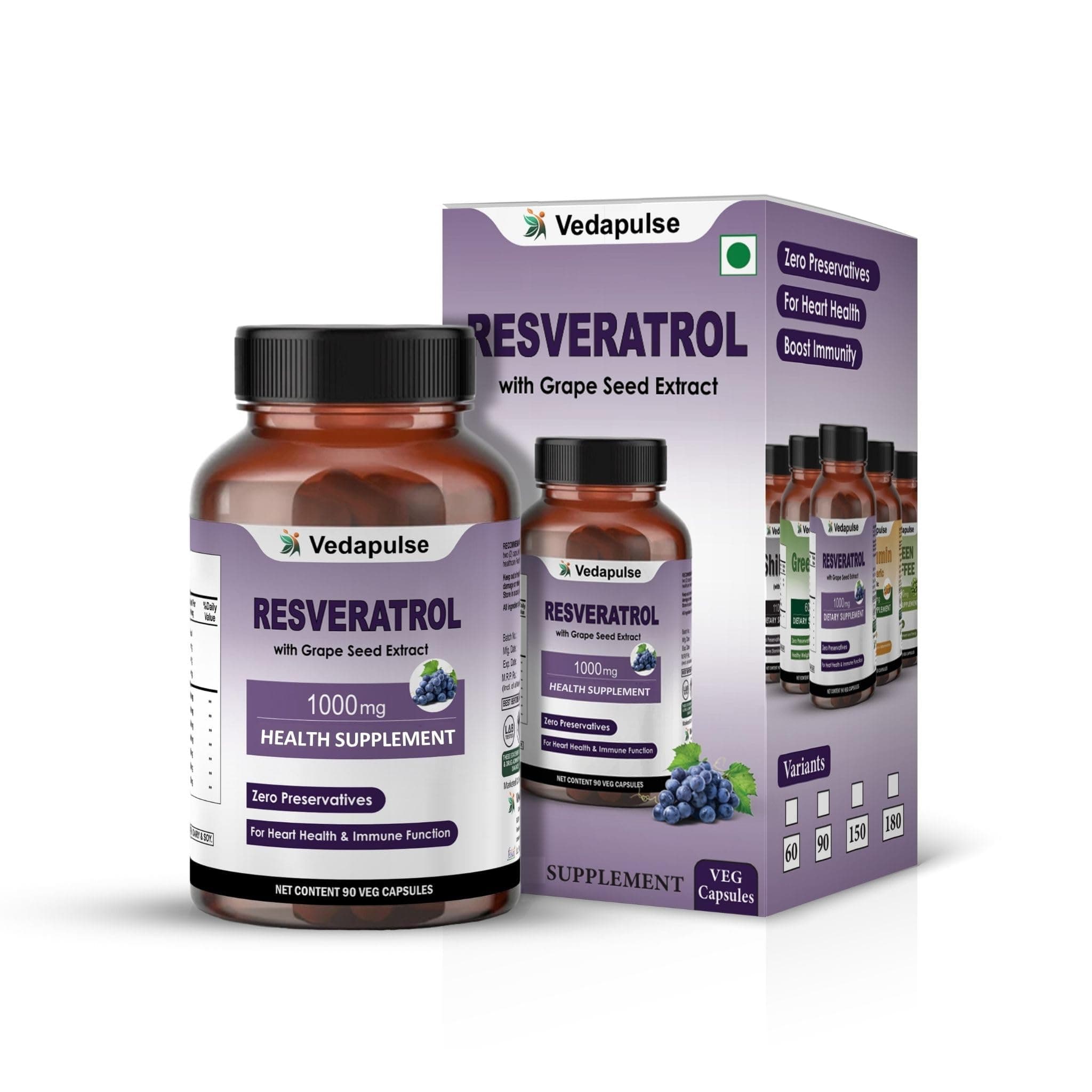 Vedapulse Resveratrol 1000mg with Grape Seed, Milk Thistle, Quercetin, NAC, Turmeric & Black Pepper – 90 Veg Capsules | Antioxidant & Heart Health Support | Health Supplement