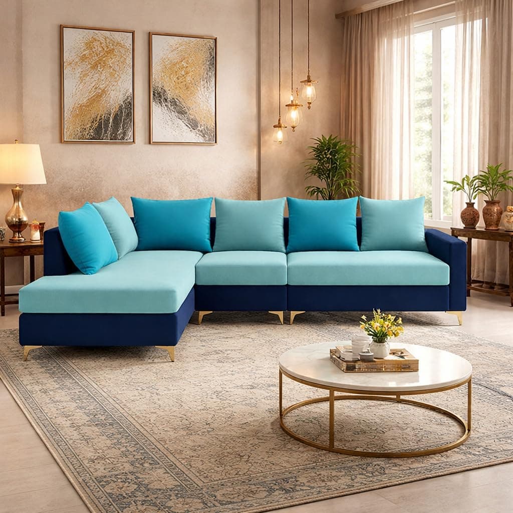 FURNY Gloriss 6 Seater Fabric LHS L Shape Sofa Set with Multi-Color Aqua Blue Cushions (Sky Blue-Dark Blue) Premium Velvet Finish with Golden Legs | Ideal for Living Room, Offices