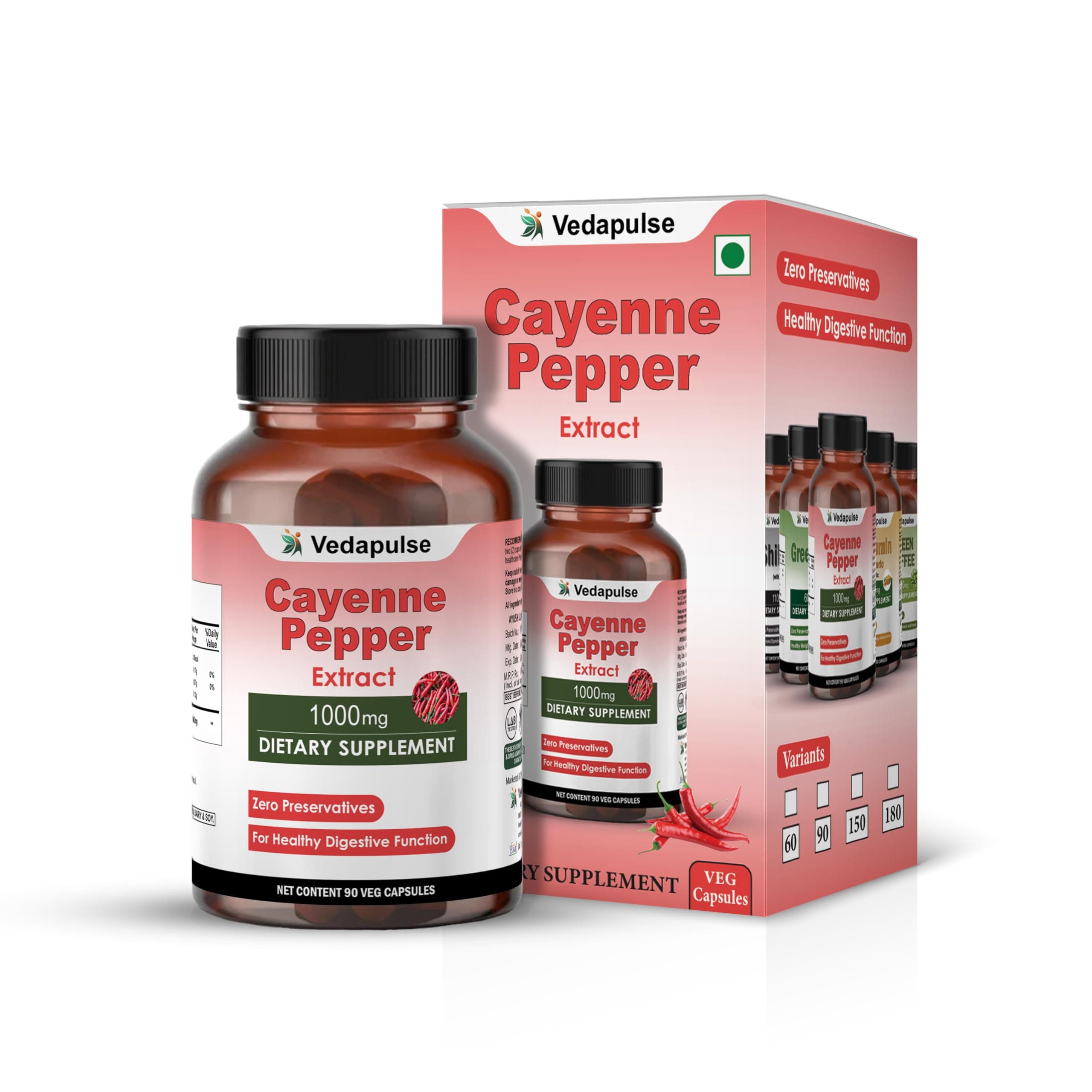 Vedapulse Cayenne Pepper 1000mg Pure Herbal Supplement for Digestion, Circulation, Immunity & Joints