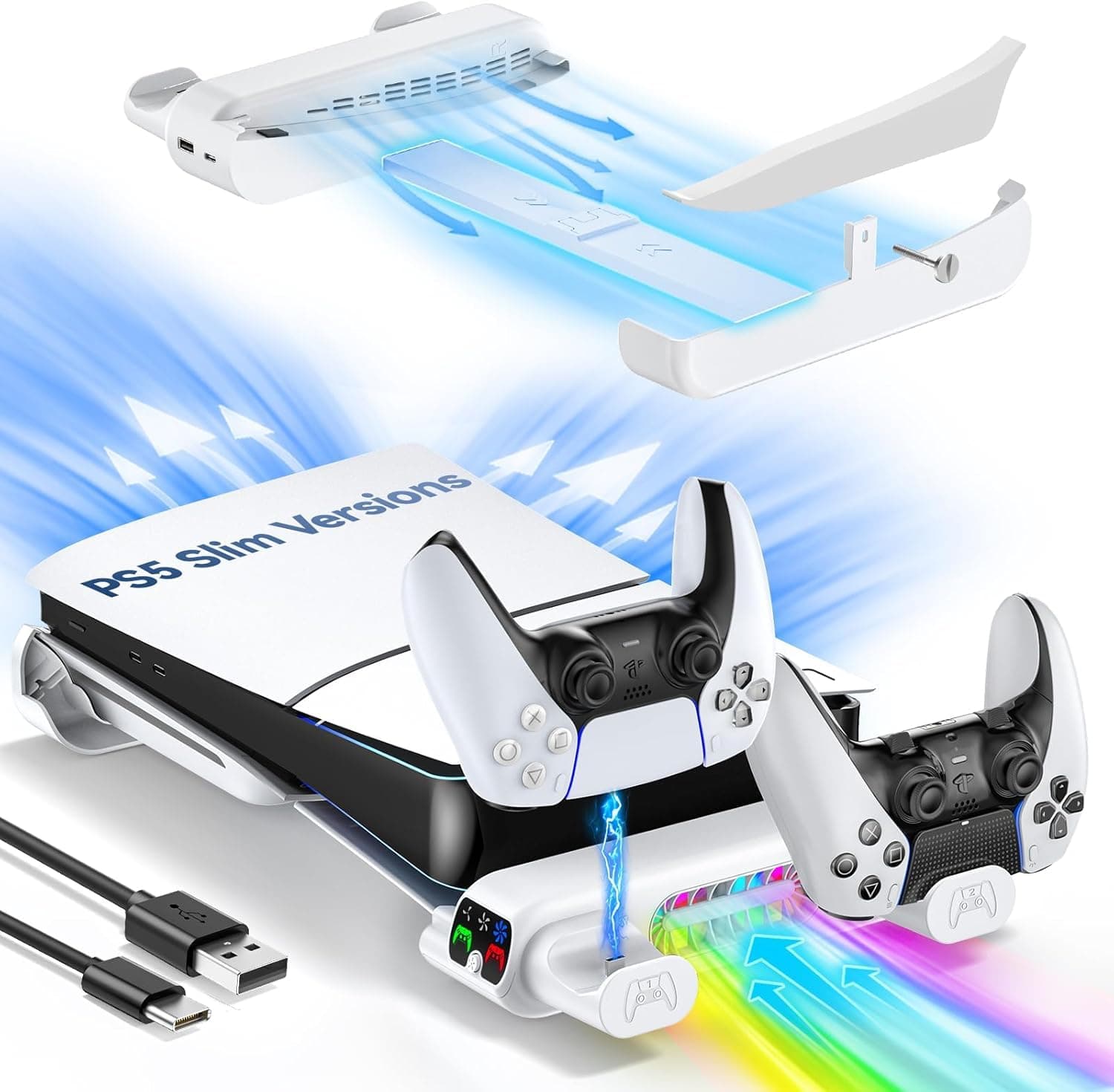 Horizontal Cooling Stand Replacement for PS5 Slim Disc & Digital Only, Dual Controller Charger with 3-Level RGB Cooling Fan for PS5 Slim Console 2023(NOT Fit 2020 PS5)