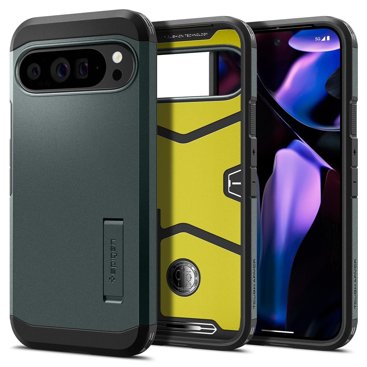 Spigen Tough Armor Back Cover Case for Pixel 9 Pro XL, Dual-Layer Extreme Protection, Integrated Kickstand - Polycarbonate + TPU | Abyss Green