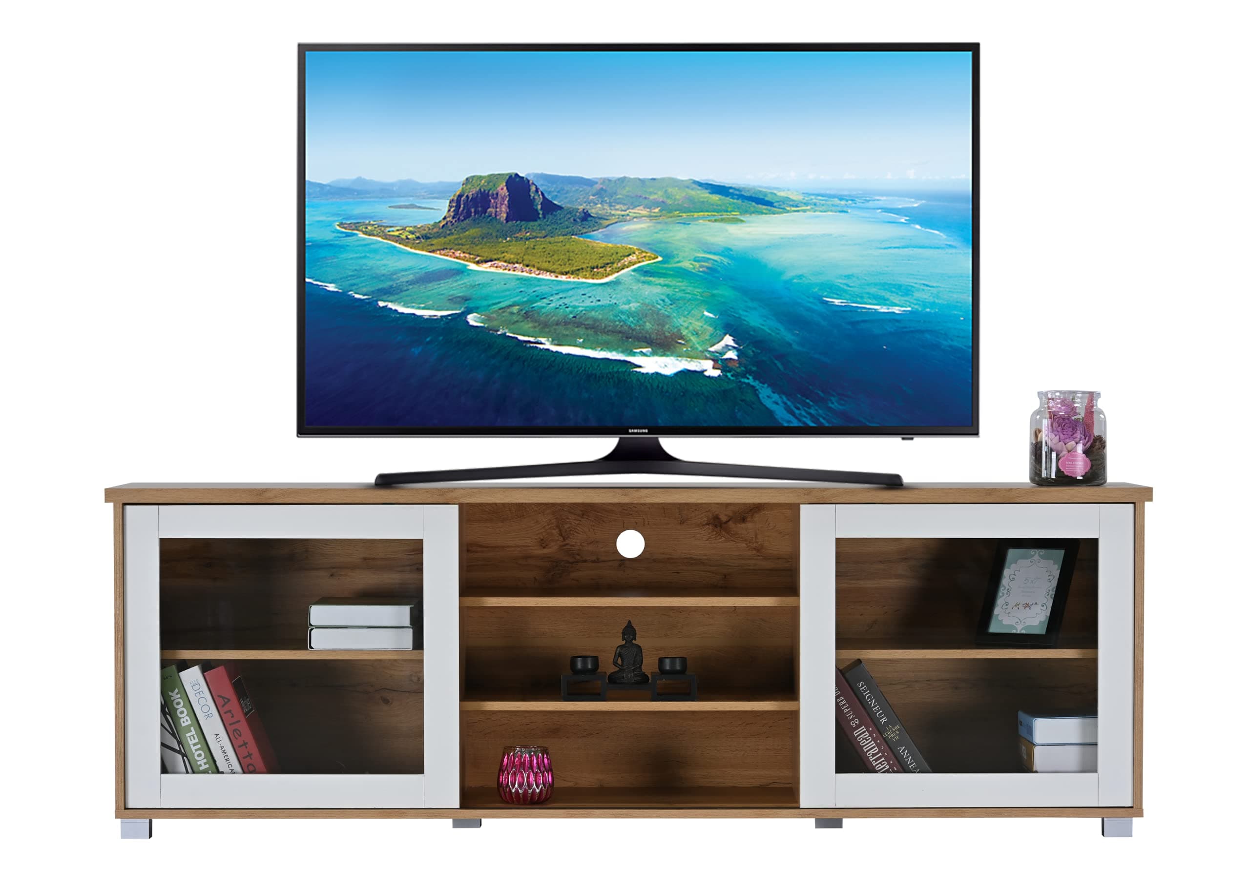DeckUp Plank Versa Engineered Wood TV Stand and Home Entertainment Unit (Wotan Oak and White, Matte Finish)