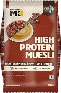 MuscleBlaze High Protein Muesli (Blue Tokai Mocha Brew, 400g) | 24g Protein | With Raisins, Almonds & Super Seeds, High Protein Breakfast Cereals