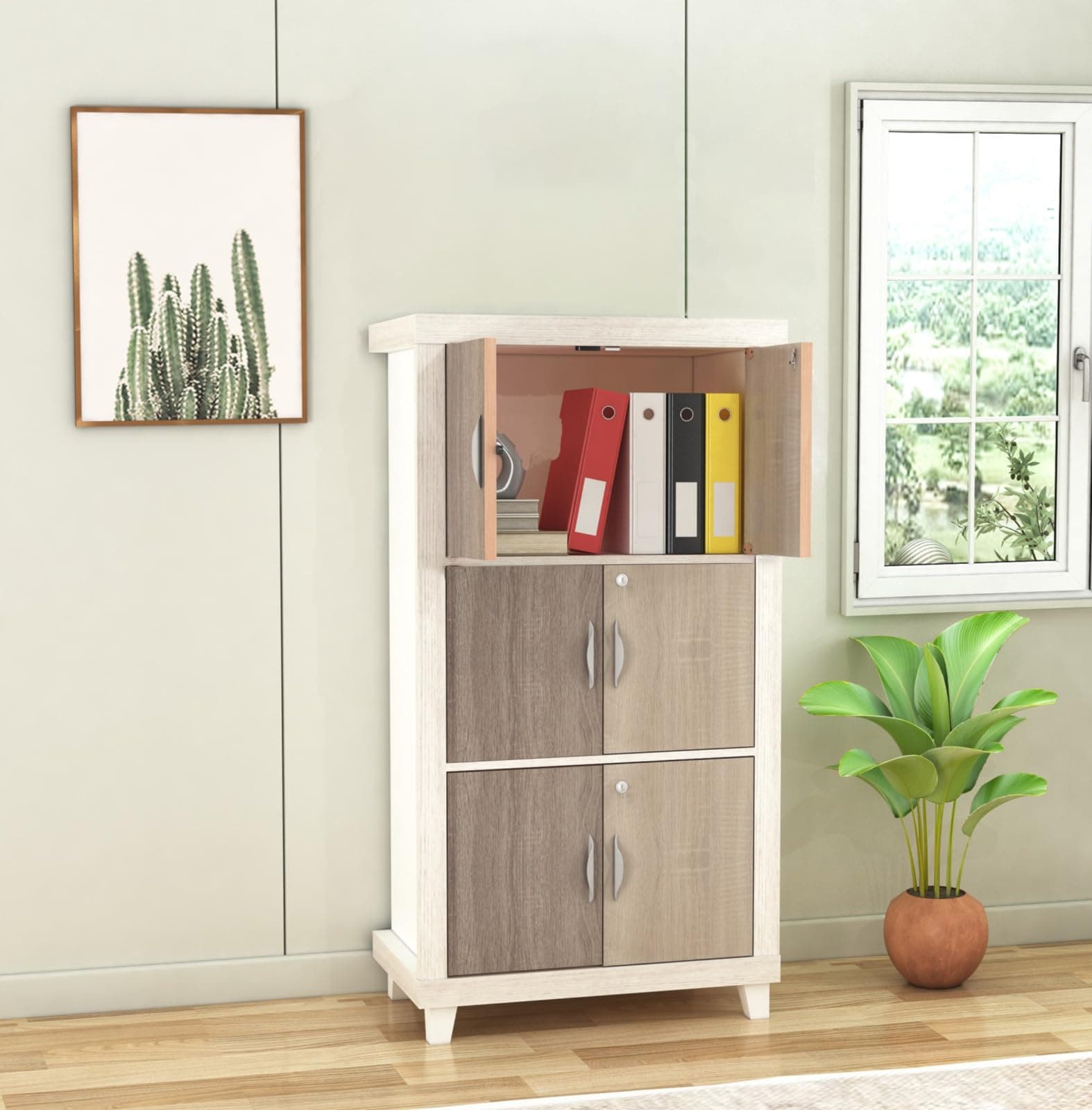 Furniva Nova Wooden Book Shelf with Separate Locks | Bookcase Compartment Organizer with Doors | Two-Tone Contemporary Design - DIY Assembly (3 Shelfs)