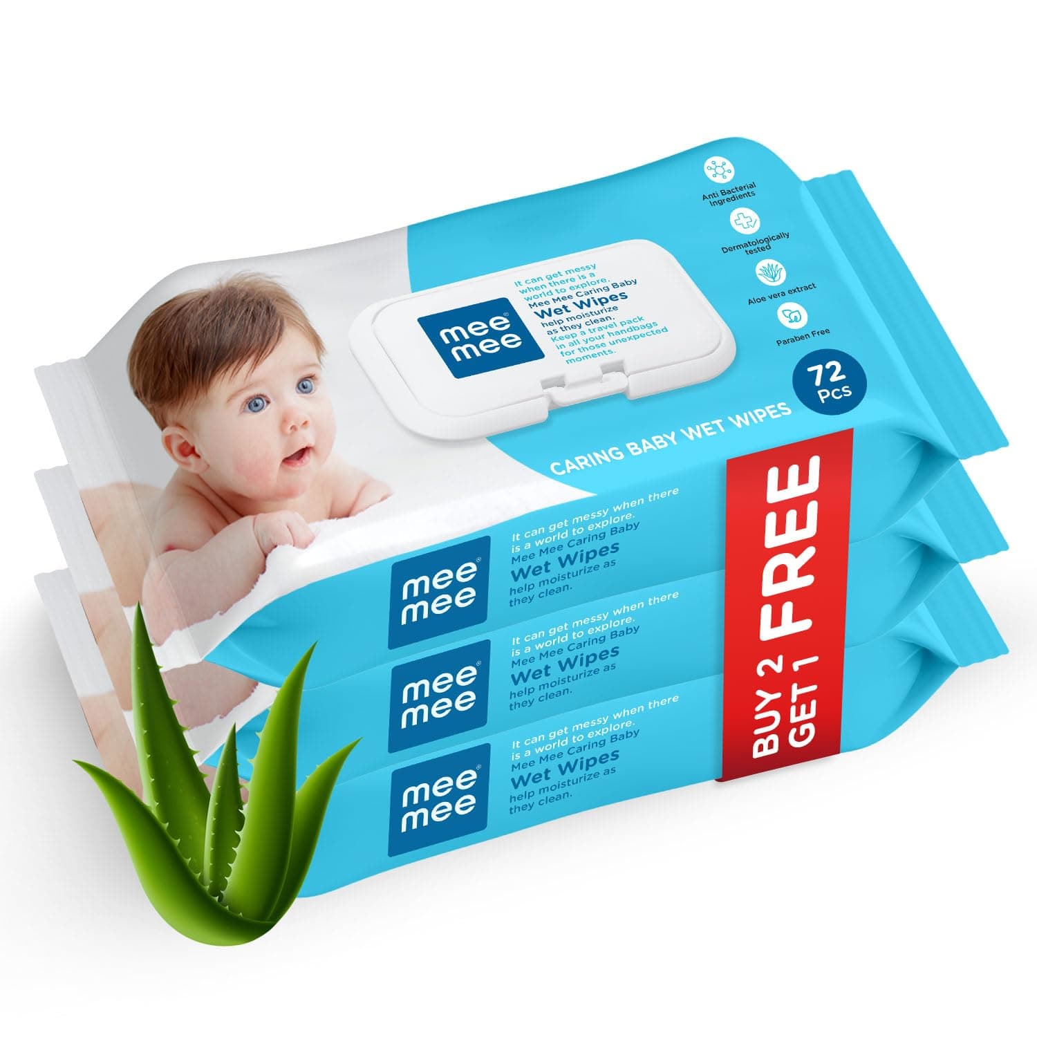 Mee Mee Wet Wipes for Baby Skin with Aloe Vera | 72 Wipes x Pack of 3-216 Wipes | Paraben Free, Fragrance Free, pH Balanced, Dermatologically Safe, Baby Wipes Combo | Pack Lid