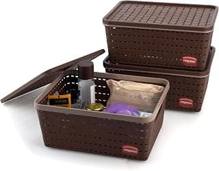 Nayasa Gloria Basket for Storage | Vegetable & Fruit Basket | Storage Box and Organiser Plastic Basket With Lid | Multipurpose Kitchen Organizer Rack | Medium - Set of 3 | DarkBrown