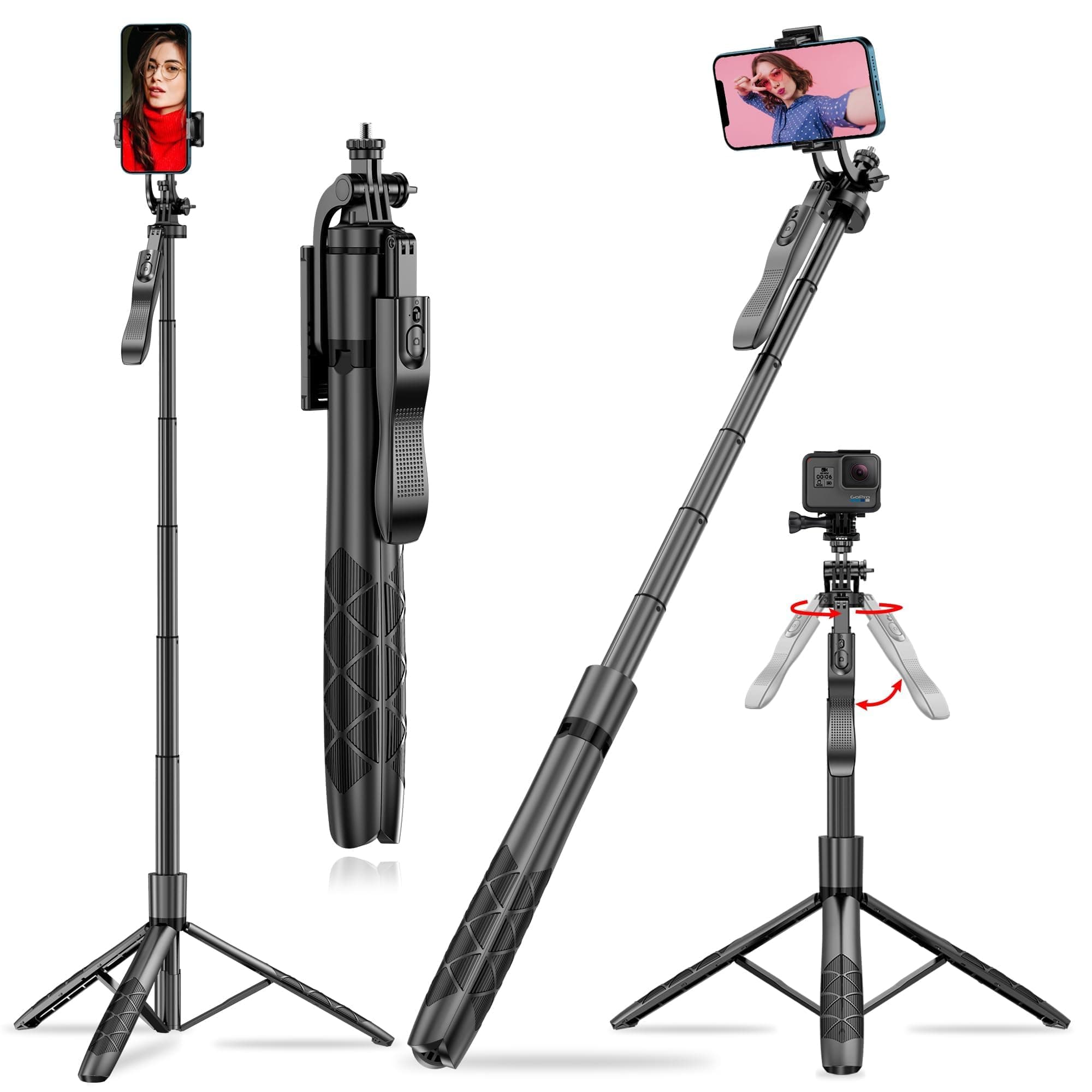 GadgetsWear Selfie Stick with Tripod Stand 360 Degree (6 Months Extended Warranty) Selfie Stick 61-inch, Bluetooth Selfie Stick with Balance Handle, Rechargeable Bluetooth Remote with1/4 Screw- Black