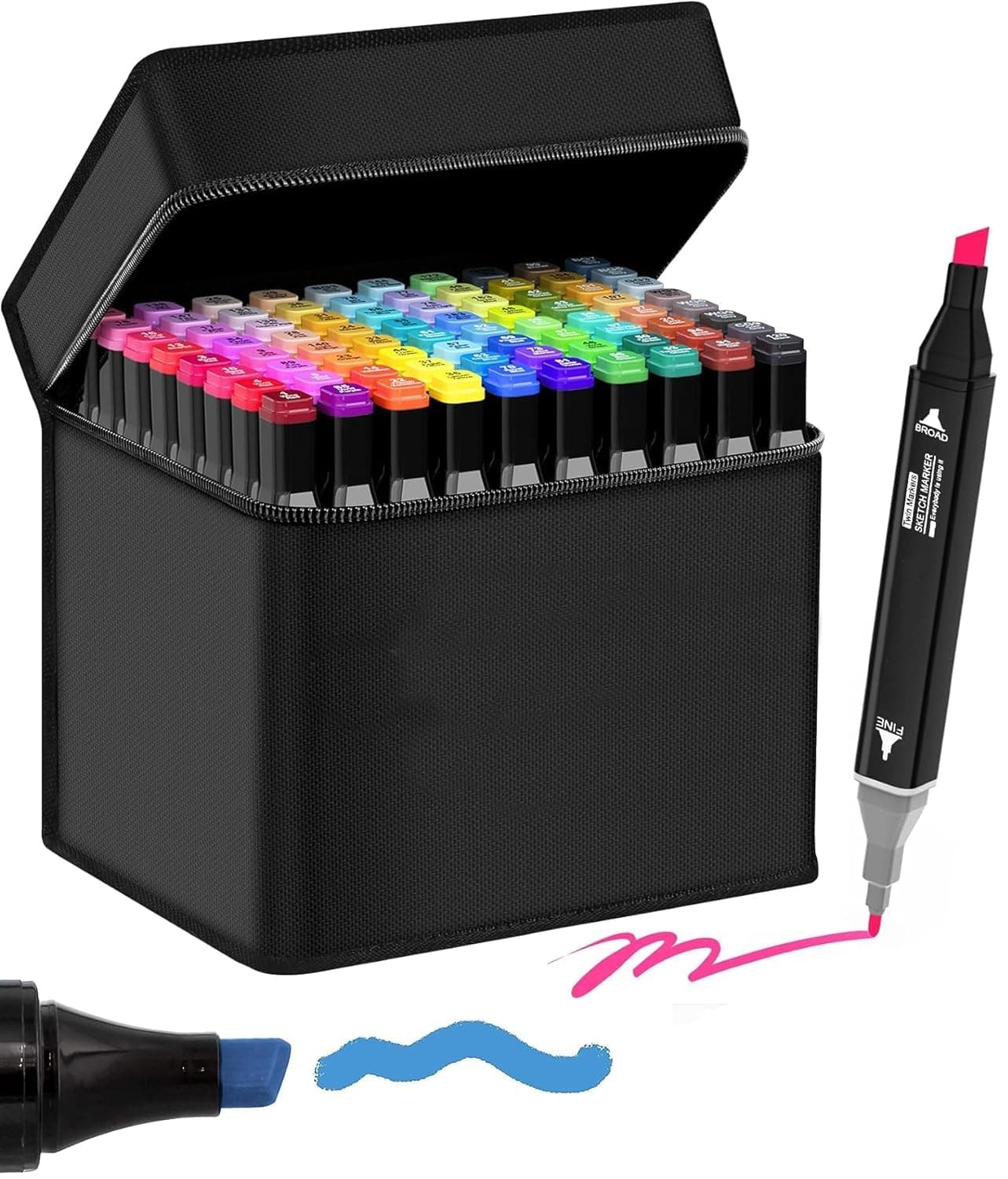 ASHASHA Dual Tip Colorful Art Markers Sketch Pens 24 Colors With Carrying Case For Painting Sketching Calligraphy Drawing - Twin Head Permanent Colouring Marker Pens For Kids Adult (24)