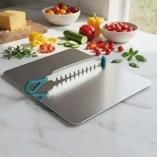 SUPERMOM Steel Chopping Board 1 Pc – Stainless Steel Multifunctional Cut & Chop Vegetable Slicer Tool – Adjustable Cutting Guide with Non Slip Handle for Uniform Slicing of Carrots, Beans & Vegetables