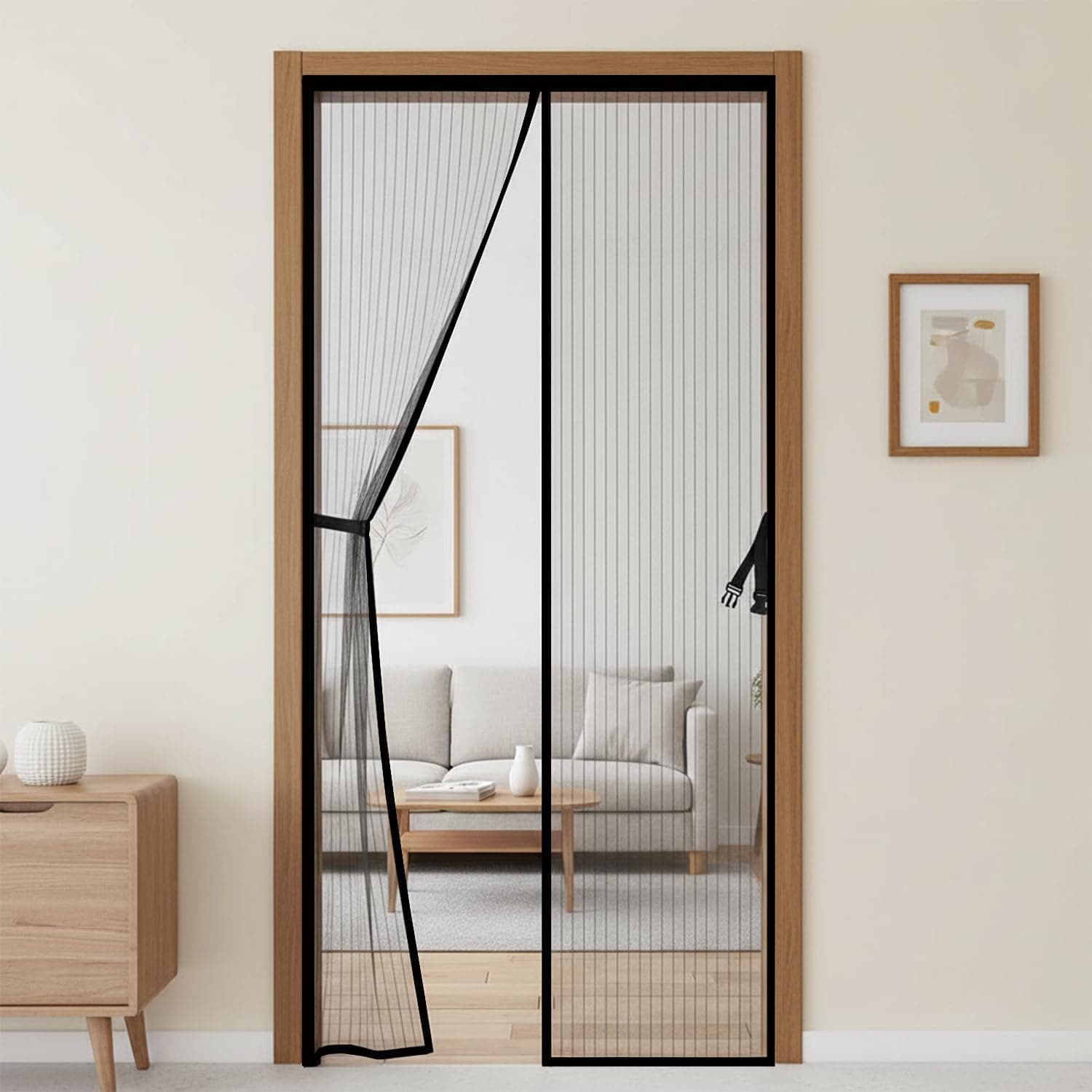 KARP Magnetic Mosquito Door Net with Stay-Open Buckle – Heavy Duty Mesh Screen Door, Auto Close Magnets, Hands-Free Entry, Easy Install, Pet & Kid Friendly for Home (110 X 205, Black)