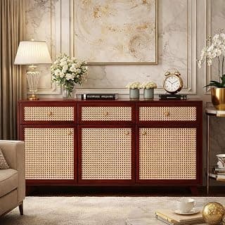 Solid Sheesham Wood Cane Sideboard with 3 Drawers and 3 Ratan Cane Door for Home | Solid Wood Cane Cabinet | Wooden Cane Kitchen Cabinet for Home (Mahogany)