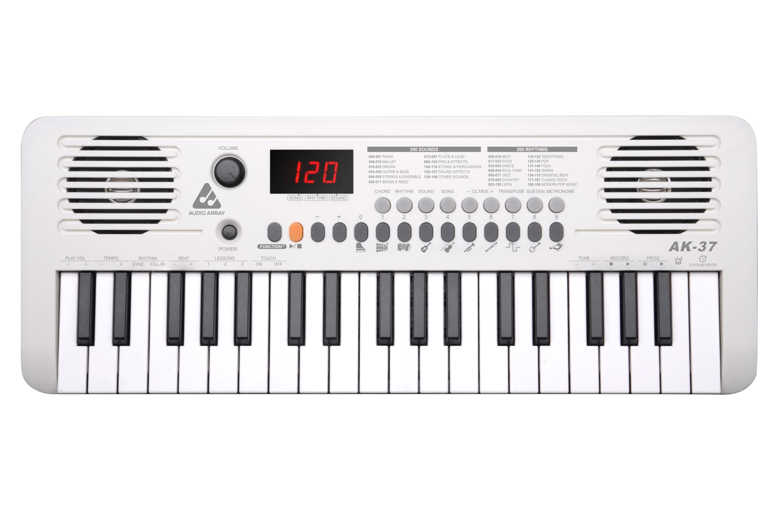 Audio Array AK-37 White MIDI Keyboard 37 Velocity Sensitive Keys, Built-in Speakers, 200 Presets, Sustain & Touch, Tempo, Octave/Transpose/Tune, Master Volume Knob, LED Display BT AA & Type-C Power