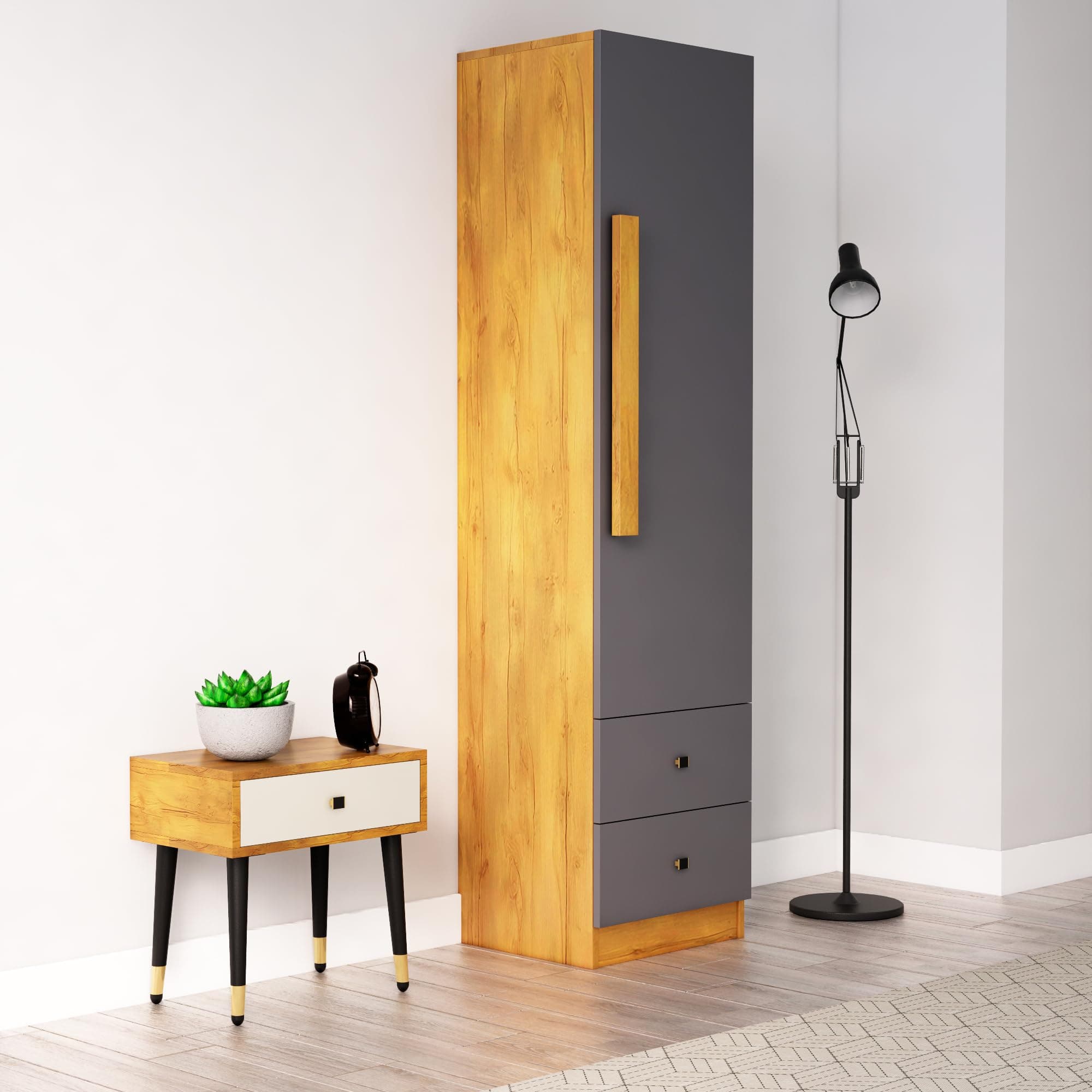 Bniture Wooden Almirah for Clothes, Door for Bedroom, 1 Door Wardrobe with 2 Drawer & Hanging Space (40D x 45W x 180H CM) | 3 Year Warranty (Giant Wood & Slate Grey)