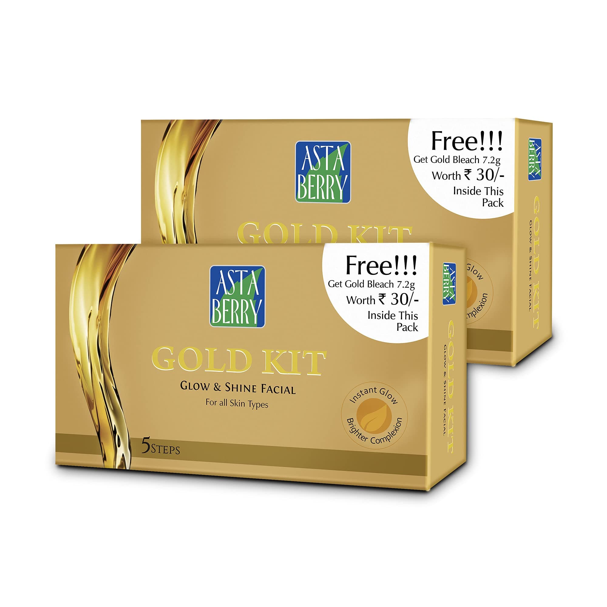Astaberry Gold Facial Kit With Free Bleach - 5 Step Ultimate look | Skin radiant | Pack of 2 (50ml + 7.2g x2 )