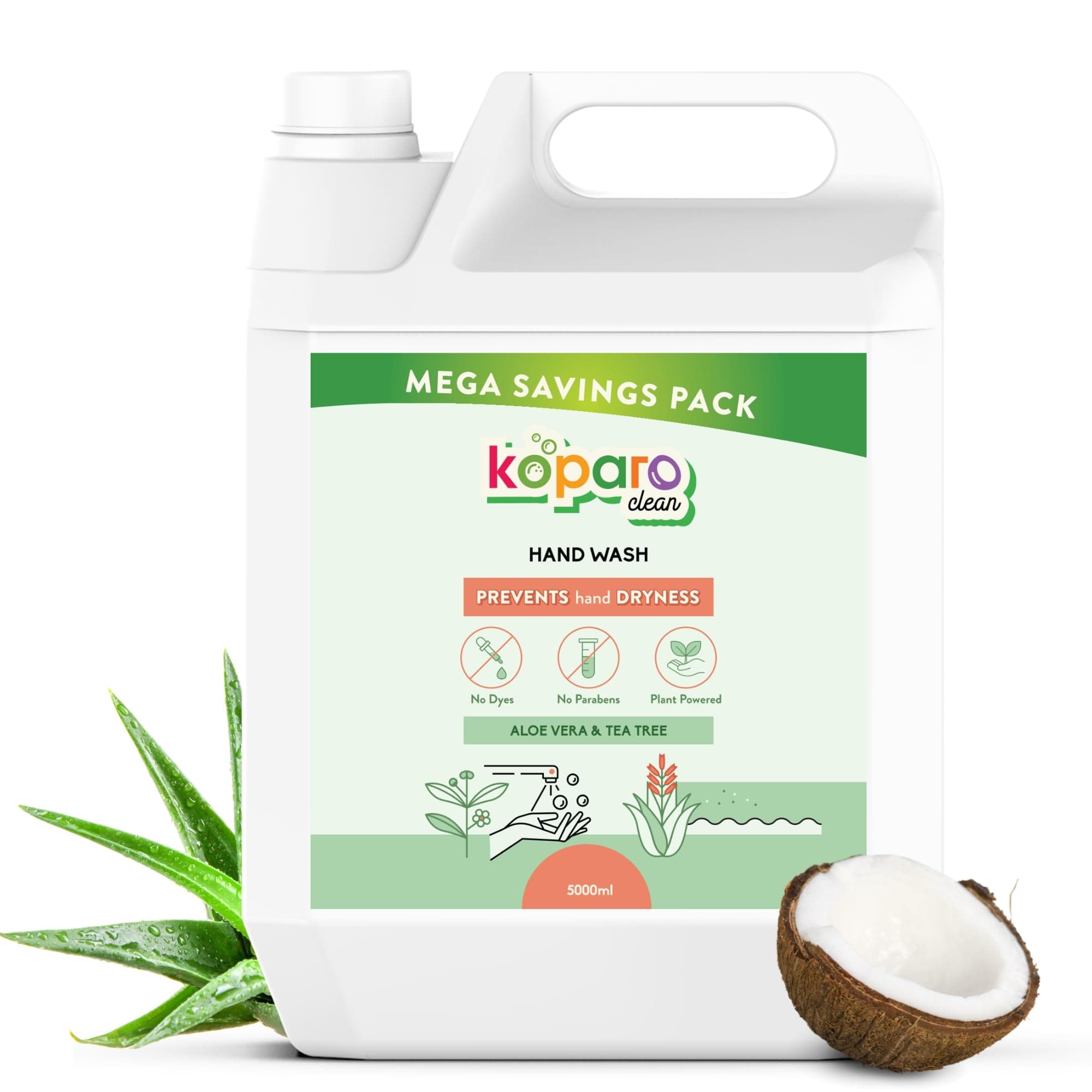 Koparo Handwash Liquid | Natural Handwash Refill Pack 5 Litre Can | pH Balanced Germ Protection | Aloe Vera And Green Tea Fragrance | Infused With Tea Tree Oil And Glycerin | Safe For All Skin Types