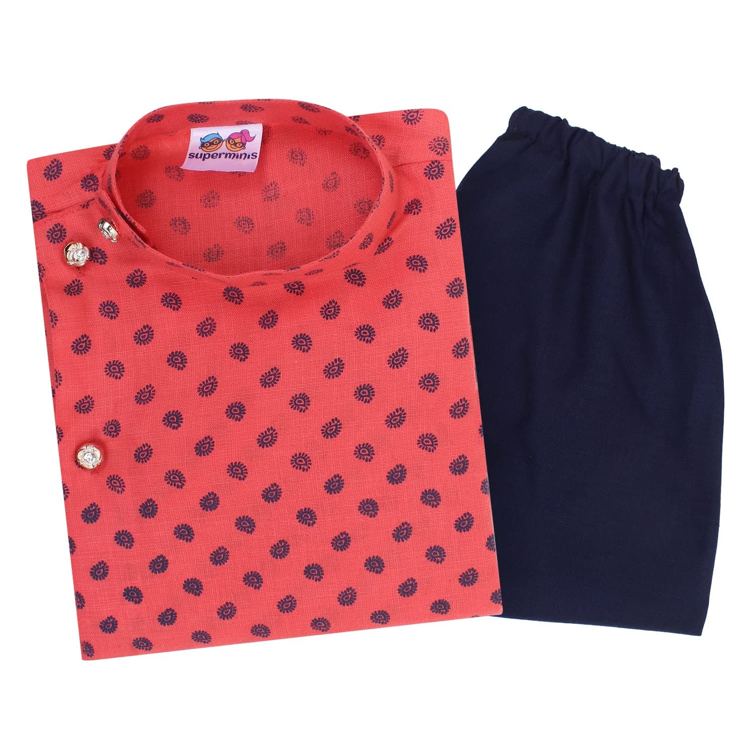 superminis Boys Fancy Colorful Cotton Ethnic Wear Side Button Printed Kurta With Colored Pyjama