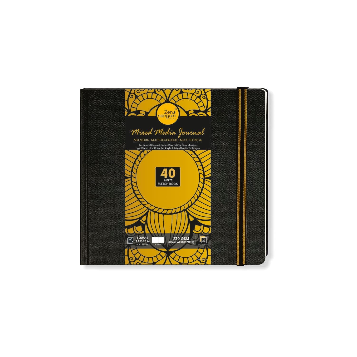 Zen Sangam Artists'- Square 230 GSM, Mixed Media Art Journal - Ultra Smooth Surface - 40 Sheets | Size (10.5cmx10.5cm) - Stitched Hardbound Sketchbook - Pencils, Chalk, Oil Pastels, Crayons - Black
