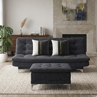 Sparrow 3 Seater Fabric Click-Clack Sofa Cum Bed with Ottoman (Dark Gray) | Premium Soft Velvet | Plush Comfort Cushions | Modern Living Room Sofa | Spacious Comfortable Seating