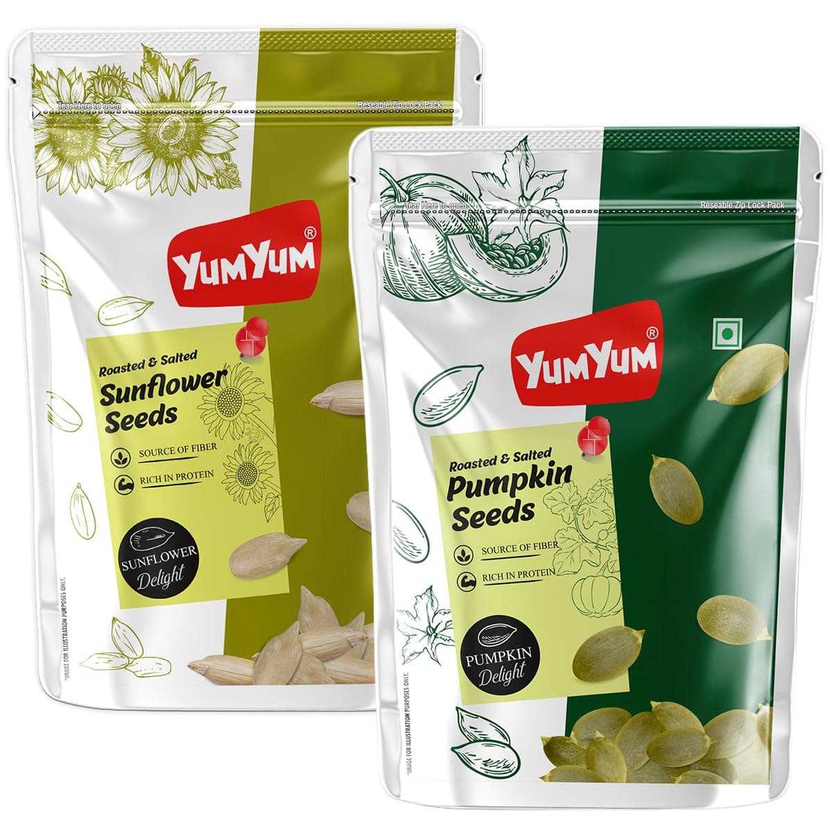 YUM YUM Roasted Pumpkin, Sunflower Seeds for Eating | Diet Food Pack of 2-200g Each| Edible Seeds Combo Pack