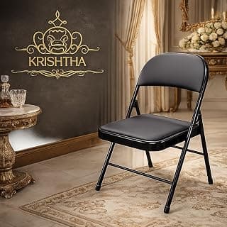 Metal Folding Chair with Soft Cushioned Leatherette Seat | Foldable Chair for Home, Office, Study, Balcony, Kitchen & Restaurant | Space Saving Portable Steel Chair | Black