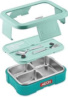 Milton Ethan 3 Inner Stainless Steel Tiffin Box for School, 3 Partition, Steam Release Plug | PU Insulated, Leak-Proof, Food Grade I Lunch Box for Kids Boys, Girls with Snap Lock Lid,600 ml,Aqua Green