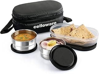 CELLO Double Treat Set of 3 Pcs Lunch Box for Office Use with Jacket Black | 2 x300ml Stainless Steel Containers, 1 x Oval Container| Lightweight Leakproof Airtight Tiffin Box Case For School & Travel