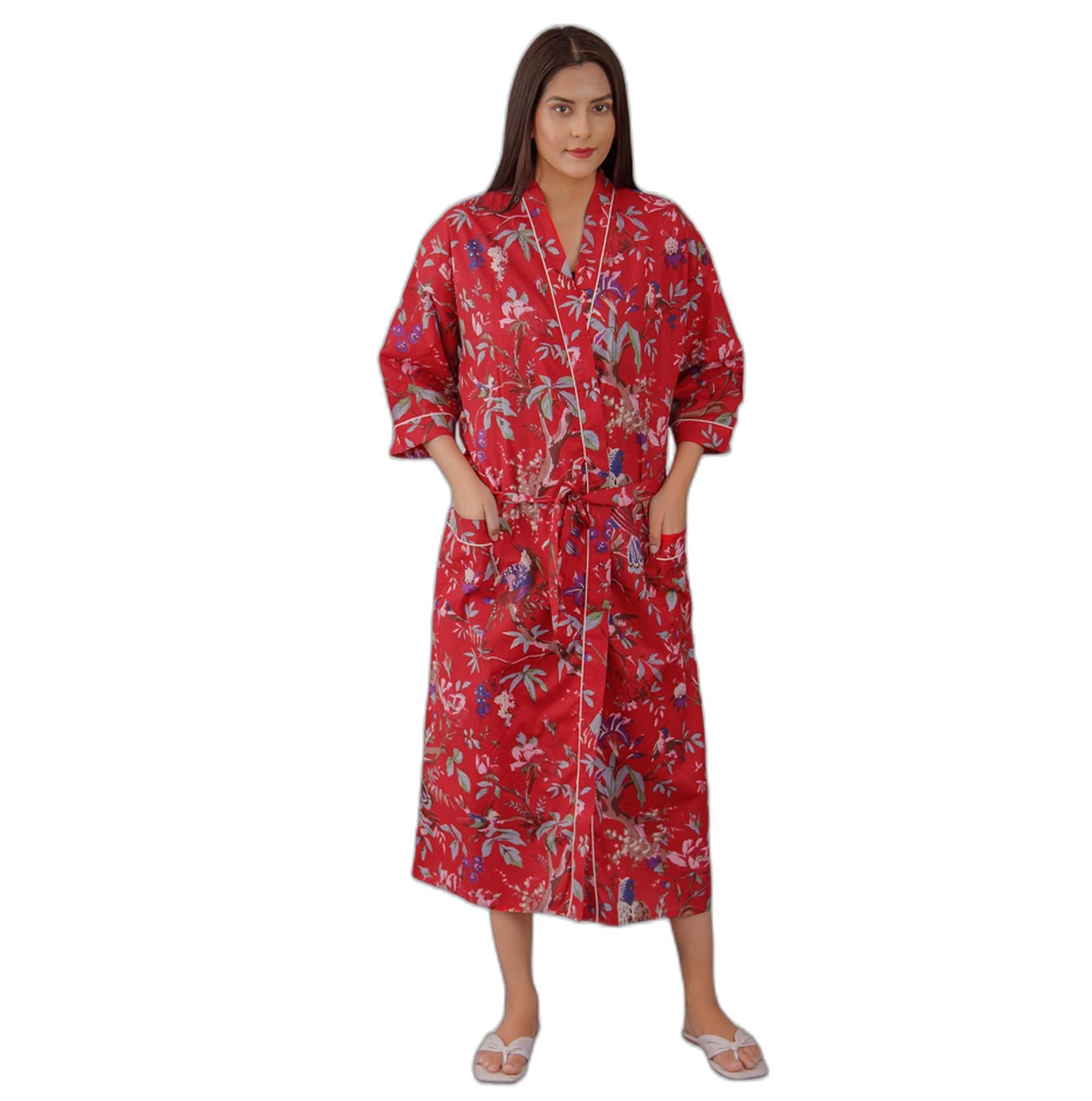 FRAU MANIA Women Cotton Kimono Robe – Lightweight Bathrobe & Loungewear Nightwear for Women, Loose Fit Summer Cover-Up (Red Tree)