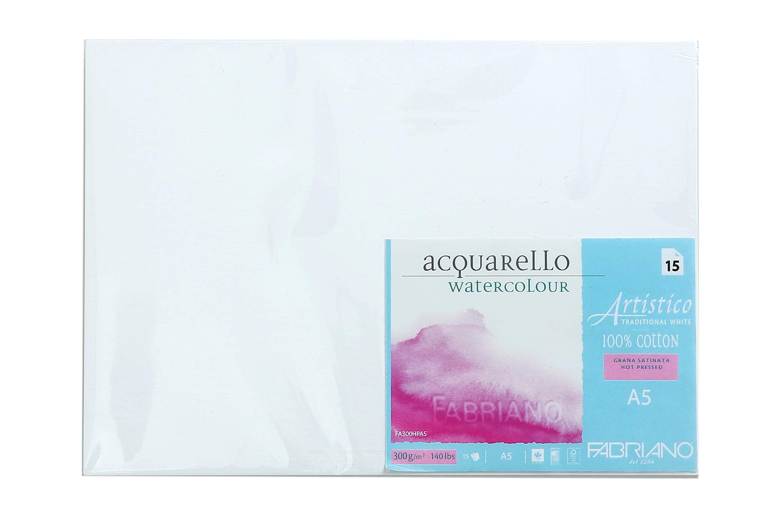 Fabriano Artistico Traditional White Watercolour paper, 100% cotton – Hot Pressed, 300 GSM, Size A5, 15 Sheets|Ideal for watercolour, drawing, with tempera, gouache, acrylic, ink, charcoal, graphite.