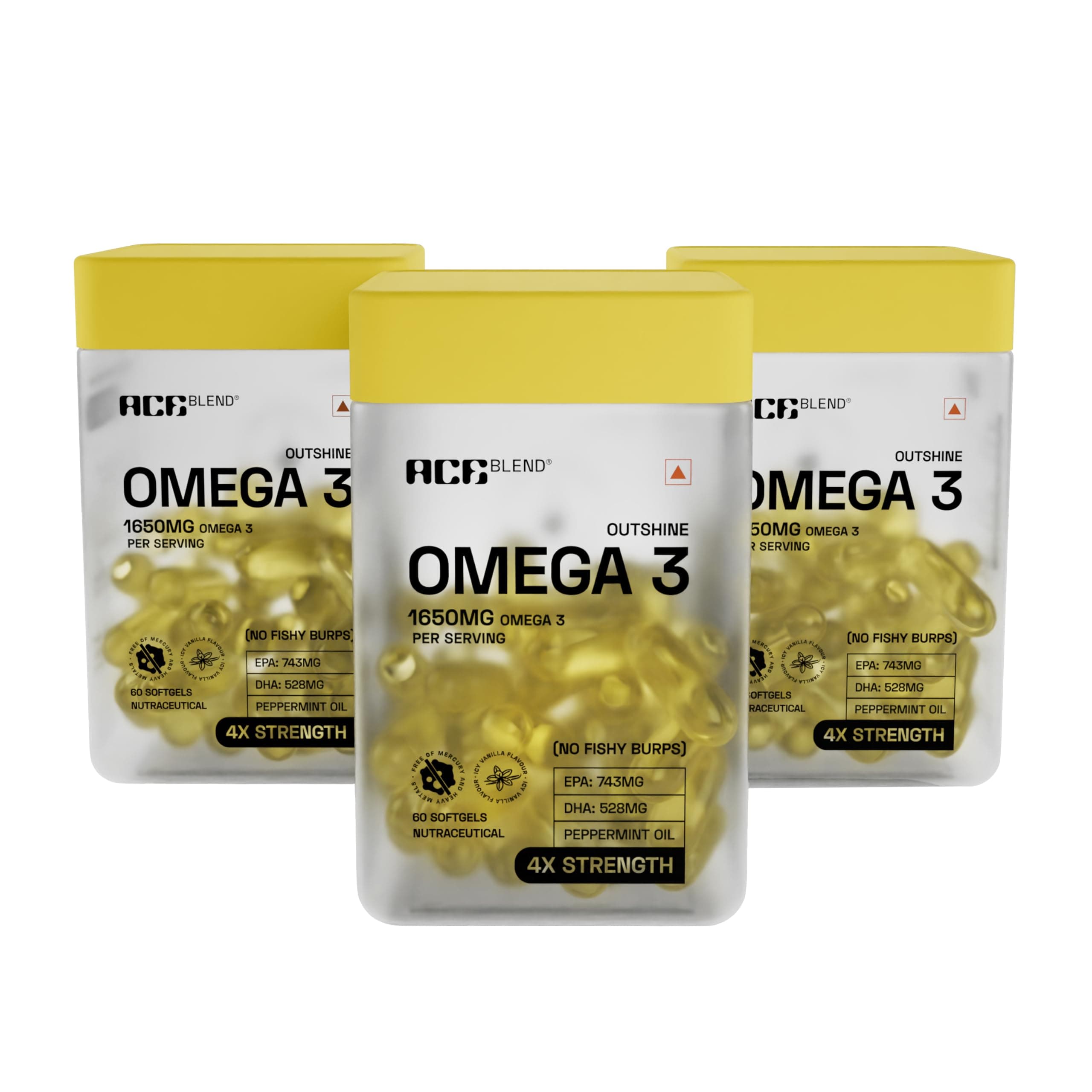 Ace Blend Outshine Omega 3 Fish Oil Capsules (180 Softgels) | 1650 Mg with 743 EPA & 528 DHA | 2 capsules for 4X Strength For Men & Women | No Fishy Burps | Supports Heart, Brain, Joints, Eye Health