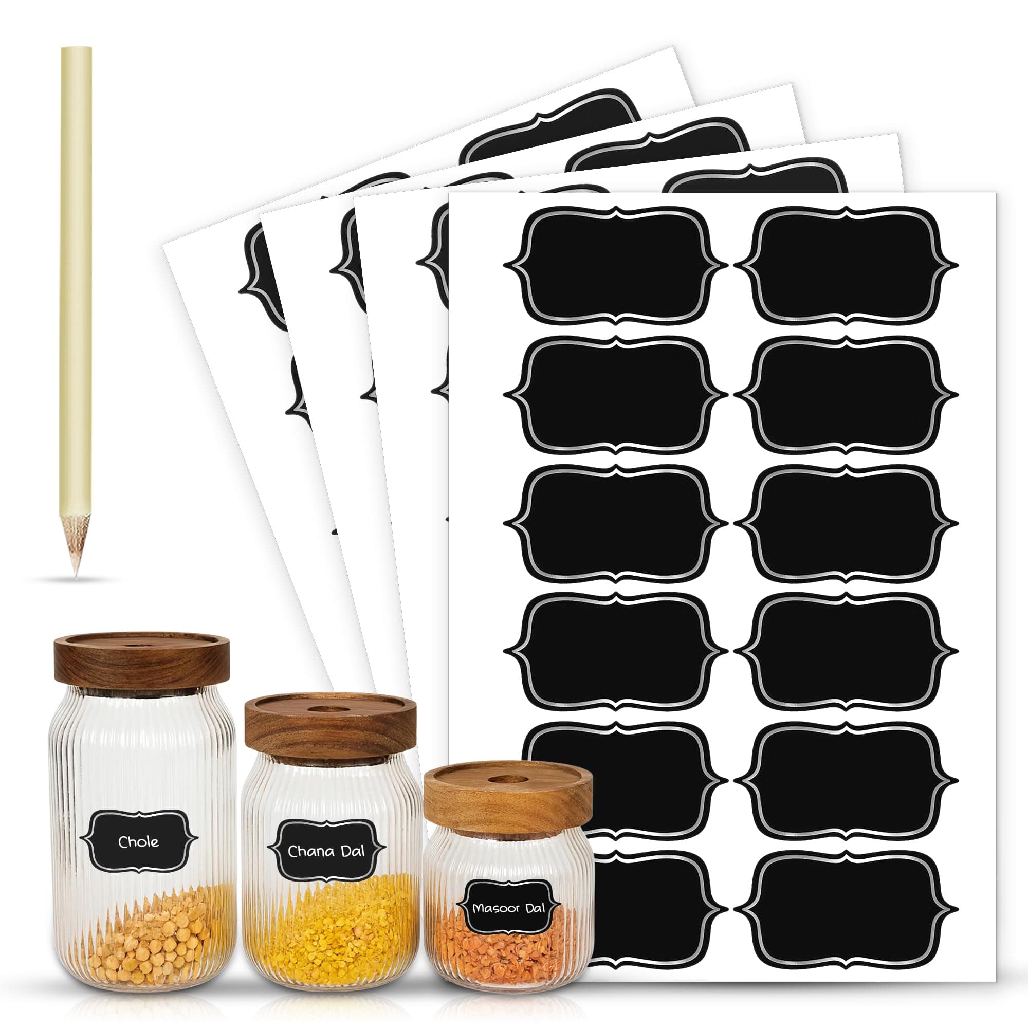 GLUN® Premium Silver Embossed Black Labels – 48 Pcs Waterproof Vinyl Spice & Jar Stickers for Kitchen Storage, Mason Glass & Plastic Containers with White Pencil