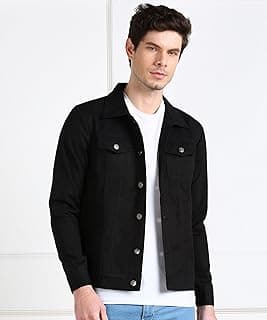 MONTREZ Men Spread Collar Washed Lightweight Casual Denim Jacket (Black)