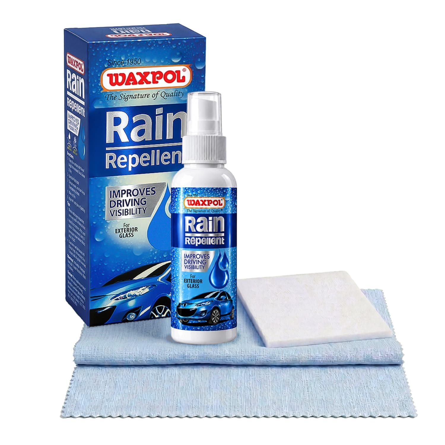 Waxpol Rain Repellent Kit (with Applicator & Special Cloth for Glass) Water Repellent for Car Windshield & Helmet| Durable Hydrophobic Coating | Improves Visibility in Heavy Rain-45 ML